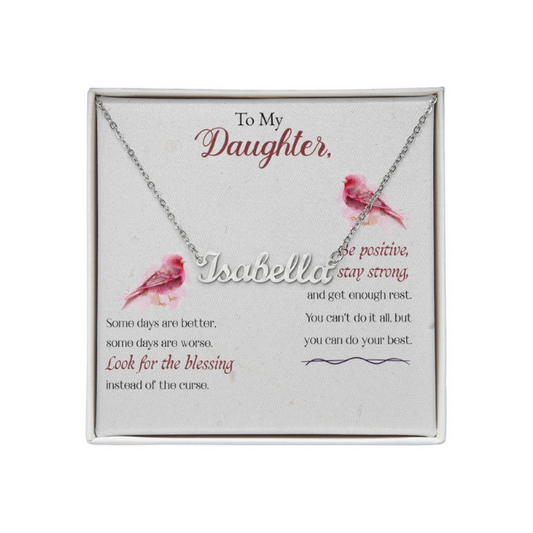 Custom Name Necklace For Your Daughter + Gold Finish + Bird, Beige, Notecard
